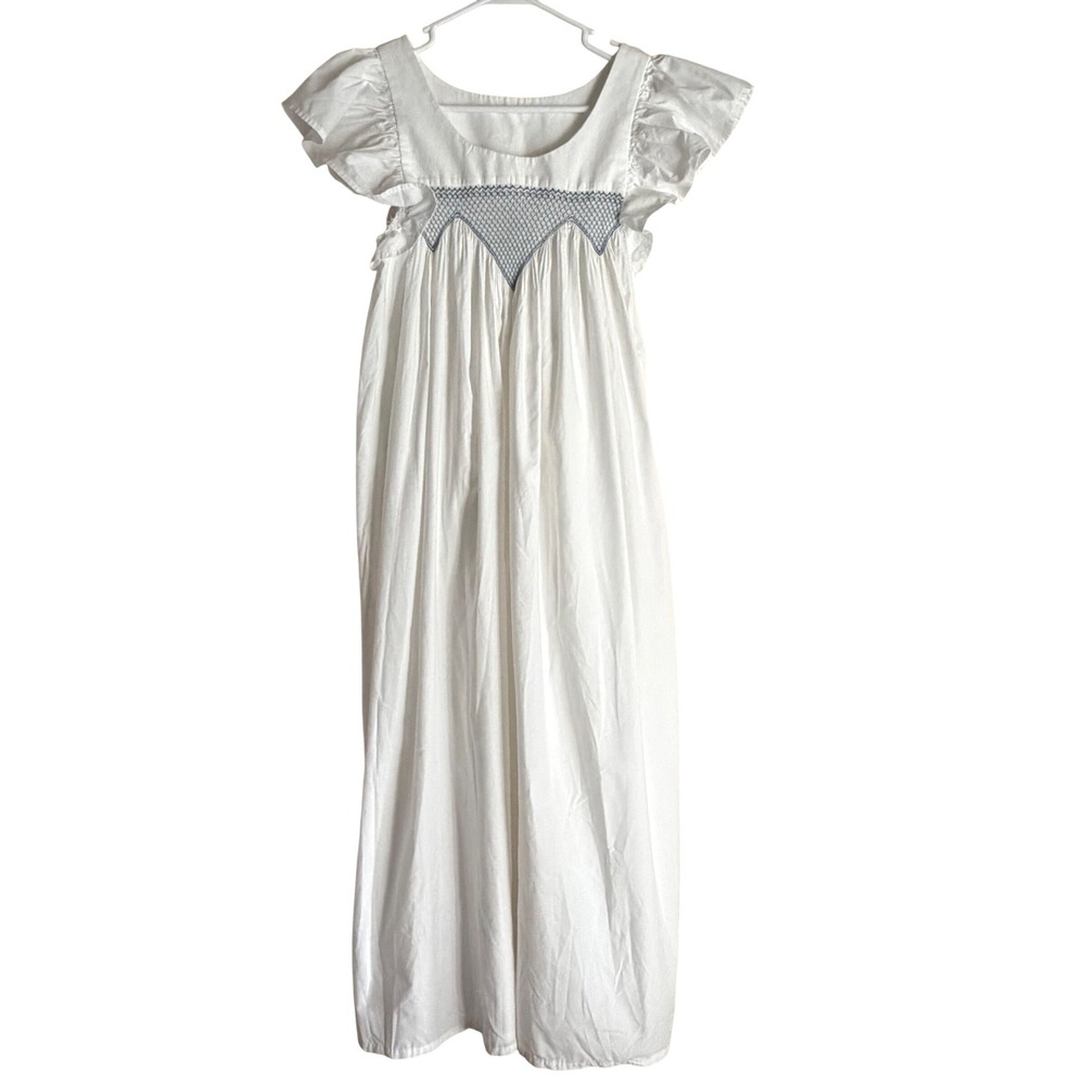 Vintage Handmade Smocked Nightgown White Embroidered Flutter Maxi Dress Small